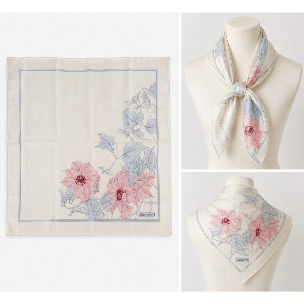 Vintage Cacharel Silk Floral Scarf ”Pastels Colors Hand Rolled
